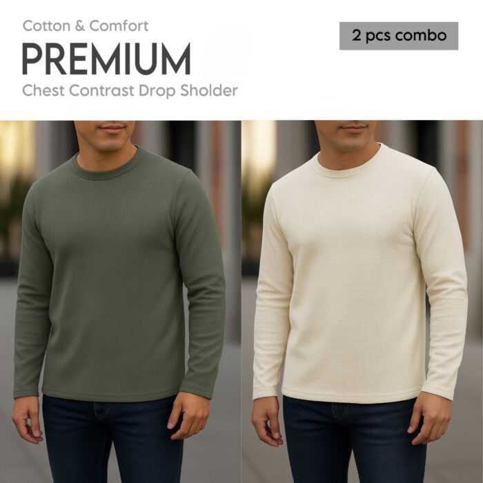 ⚜Waffle full sleeve Tee’s Olive-Cream