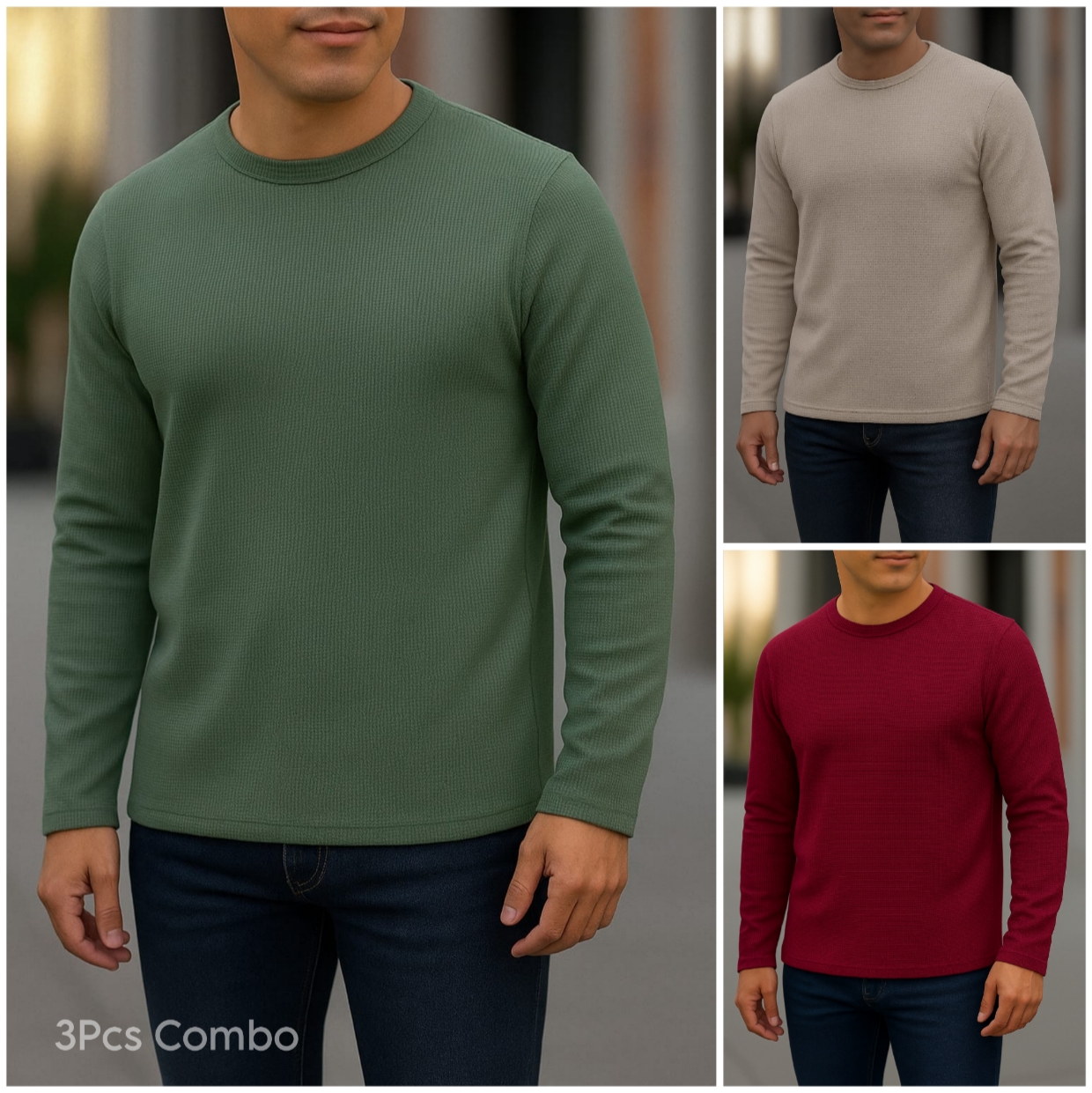 ⚜Waffle full sleeve Tee’s Olive-Biscuit -Wine