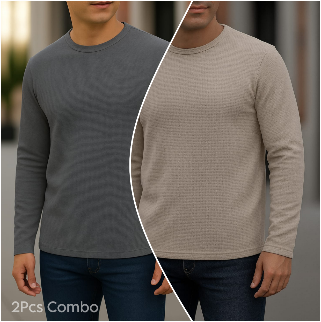 ⚜Waffle full sleeve Tee’s Charcoal- Biscuit