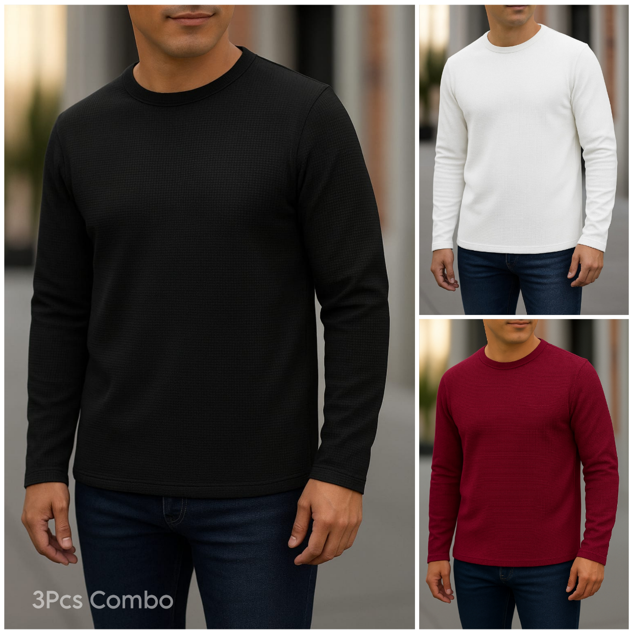 ⚜Waffle full sleeve Tee’s Black-White-Wine