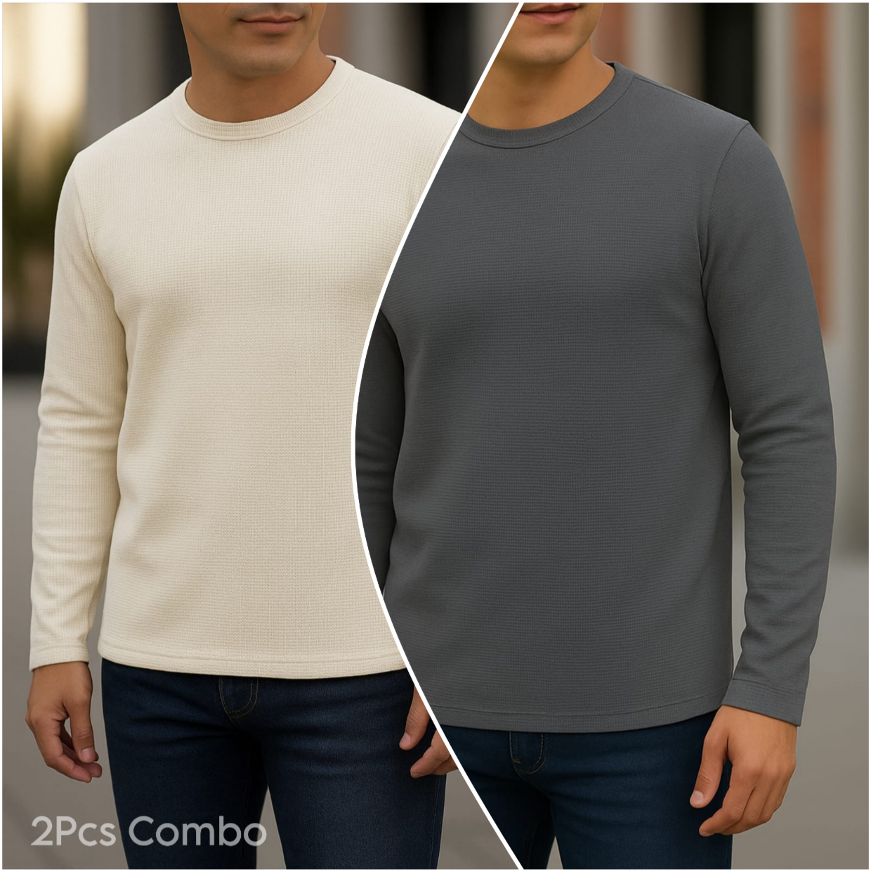 ⚜Waffle full sleeve Tee’s Cream-Charcoal