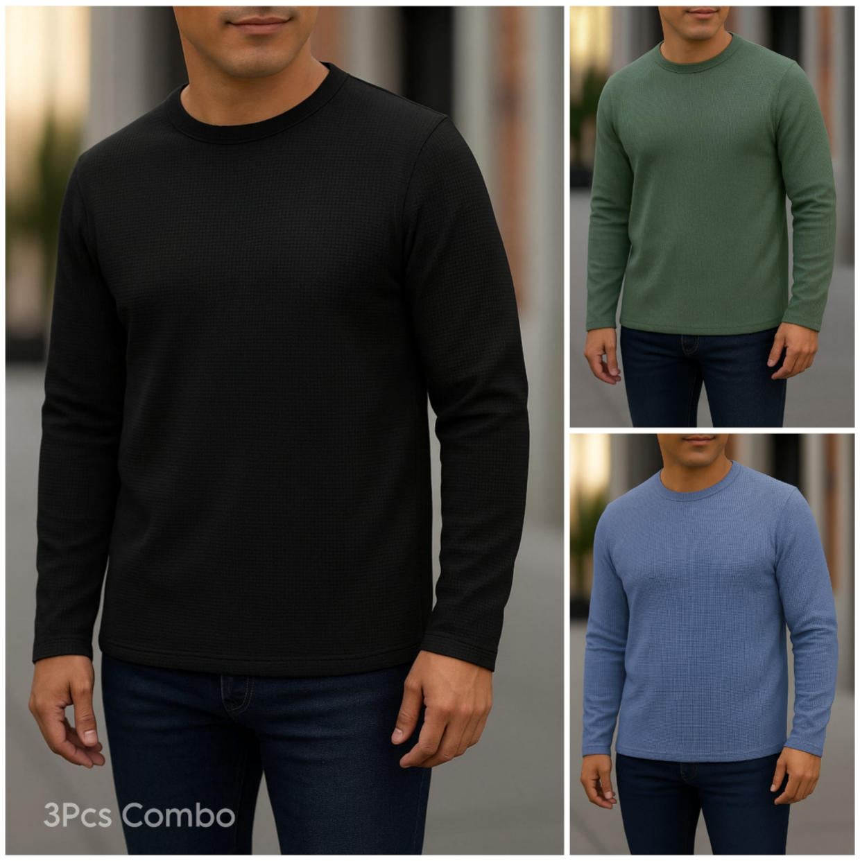 ⚜Waffle full sleeve Tee’s Black-Olive-Sky