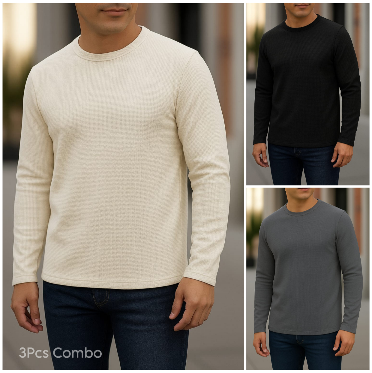 ⚜Waffle full sleeve Tee’s Cream-Black-Charcoal