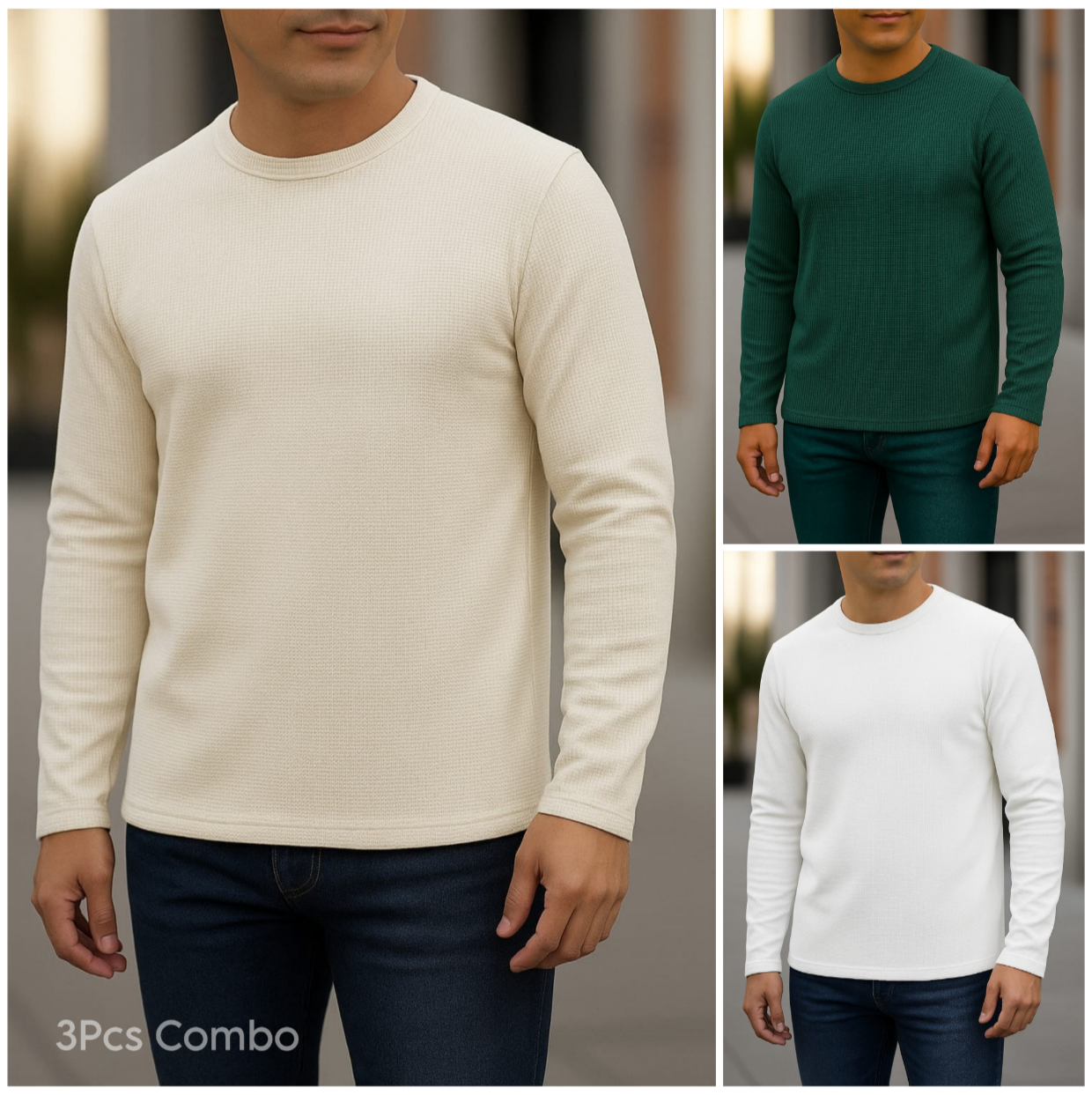 ⚜Waffle full sleeve Tee’s Cream-Green-White