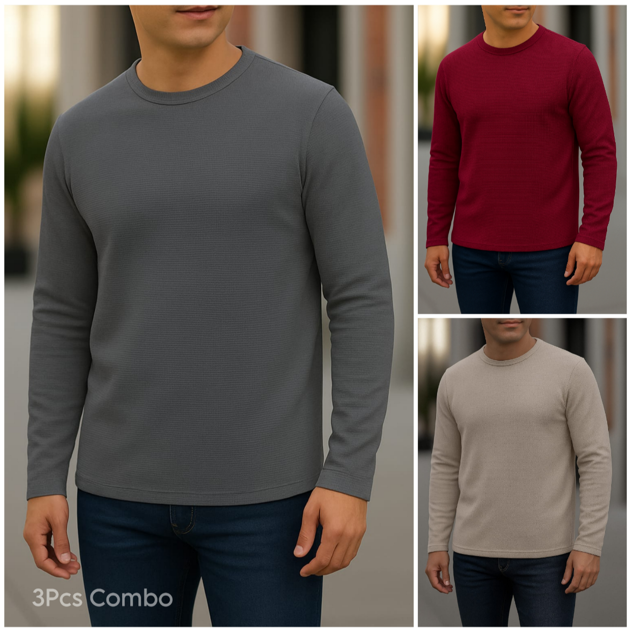 ⚜Waffle full sleeve Tee’s Charcoal-Wine-Biscuit