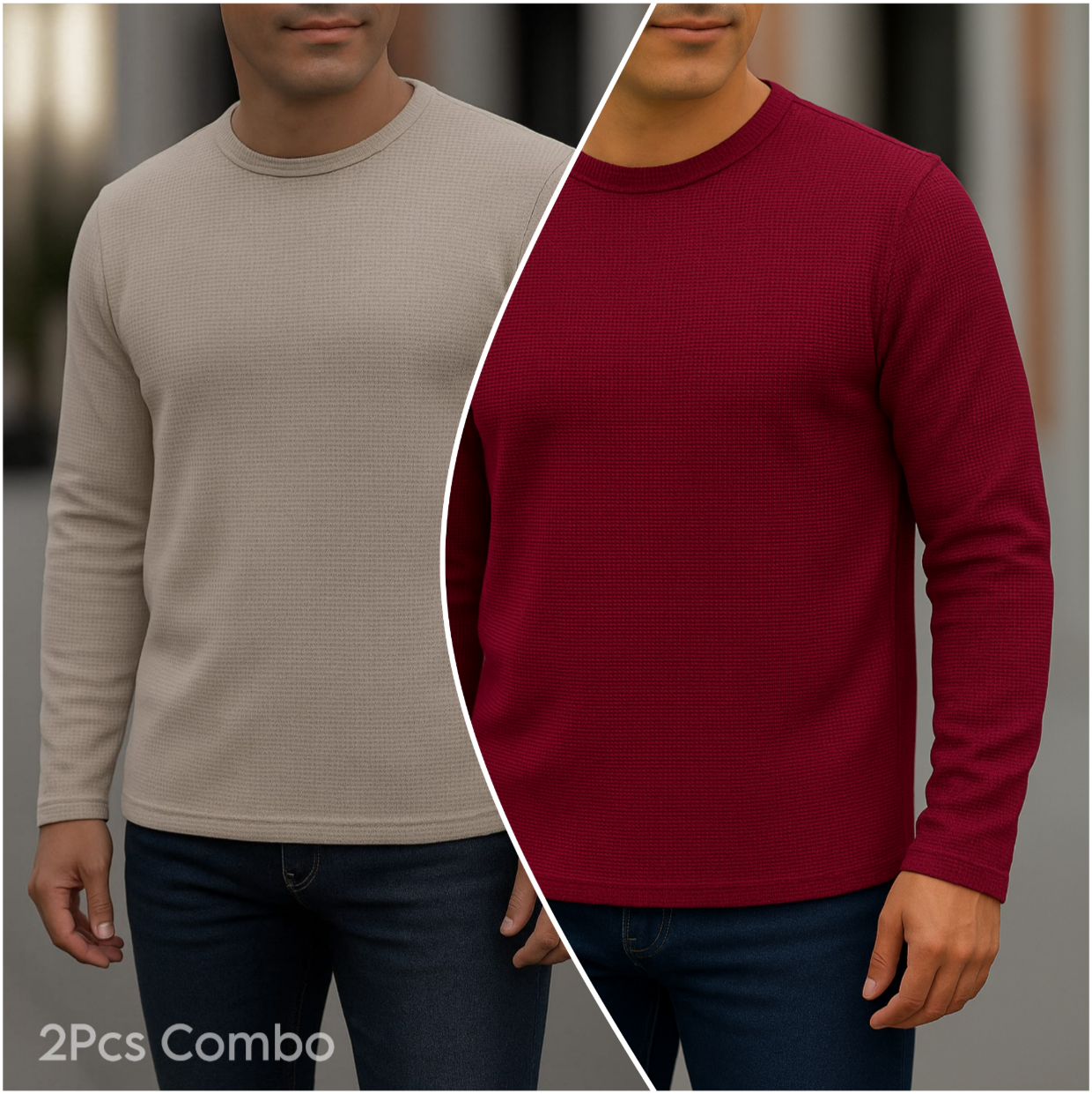 ⚜Waffle full sleeve Tee’s Biscuit-Wine