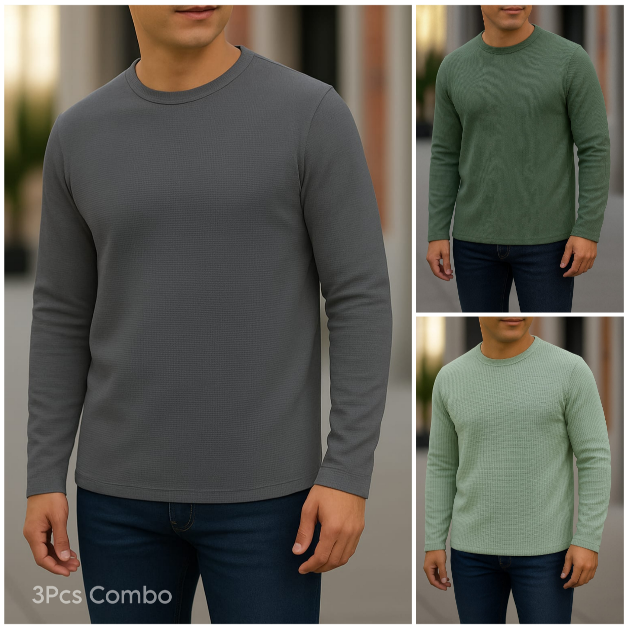 ⚜Waffle full sleeve Tee’s Charcoal-Olive-Lemon