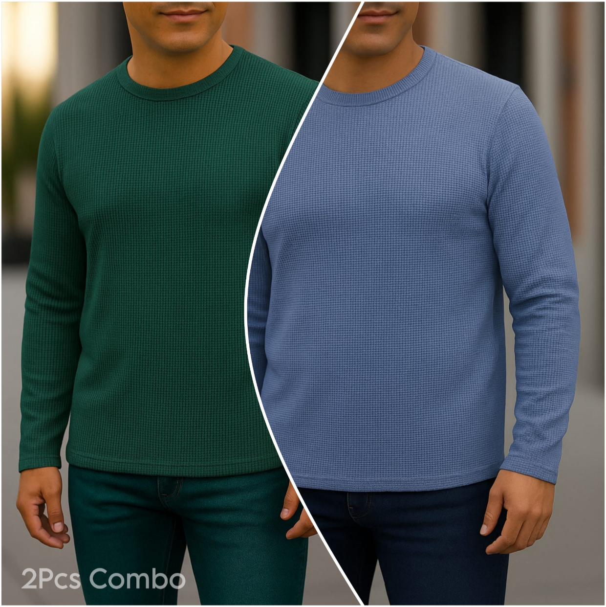 ⚜Waffle full sleeve Tee’s Green- Sky blue