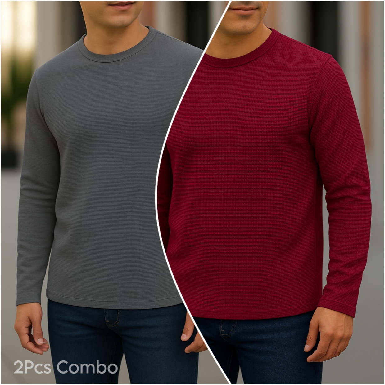 ⚜Waffle full sleeve Tee’s Charcoal-Wine